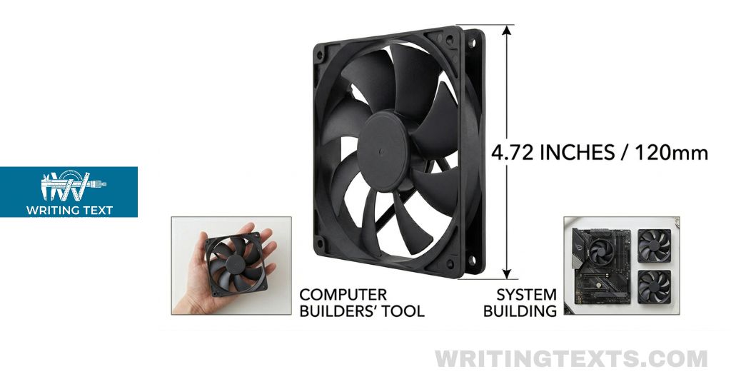 A 120 mm PC cooling fan measures 5 inches long
