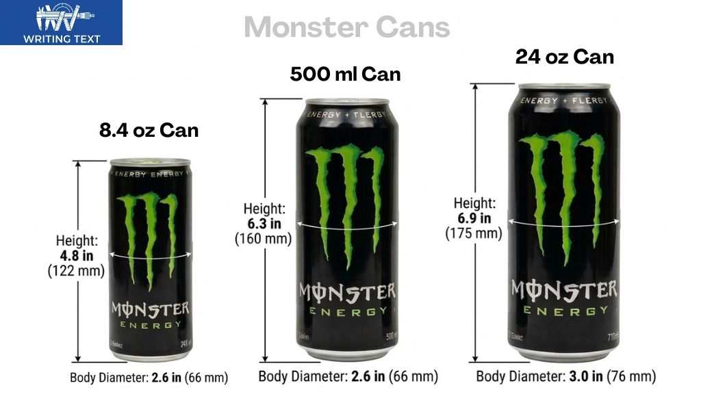 Monster can Size Comparison of 8.4oz 500ml 24 oz Cans